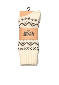 Cremefarbene Socken mit einem geometrischen braunen Muster nahe dem Bund. Gerippte Textur und ein Etikett mit der Marke "Jack & Jones."