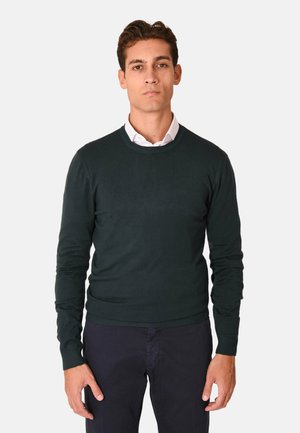 Maglione lavorato a maglia verde scuro con colletto rotondo, maniche lunghe e polsini e orlo a costine, abbinato a pantaloni blu navy. Tessuto liscio, vestibilità casual.