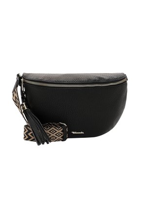 Black textured leather waist bag with silver zipper, patterned adjustable strap, and black leather tassel detail.