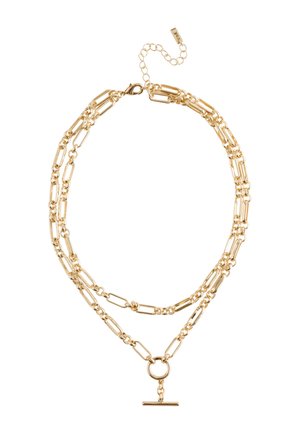 Doppellagige Goldkette mit verlängerten Gliedern, mittigem Toggle-Verschluss und verstellbarem Kettenverlängerer.