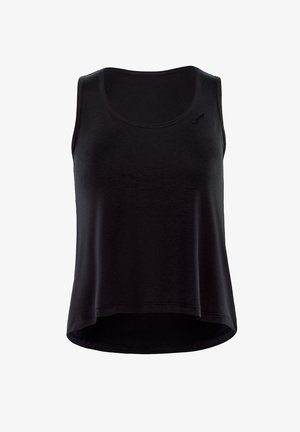 Top de algodón negro sin mangas con escote redondeado, dobladillo curvado y sutil detalle del logo en el lado izquierdo. Textura suave.