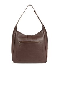 Borsa hobo in pelle marrone con finitura testurizzata, tasca frontale con zip e una sola tracolla. Design piatto e spazioso.