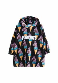 Mikina s kapucňou vyrobená z jemného fleece s čiernym pozadím, na ktorom je pestrý vzor lamy a zmrzliny, a text "FORTNITE" v bielej farbe.