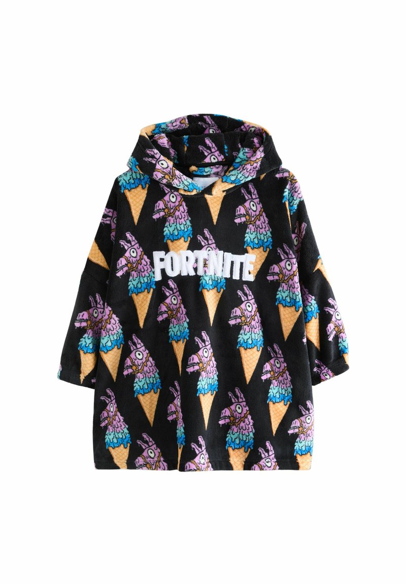Mikina s kapucňou vyrobená z jemného fleece s čiernym pozadím, na ktorom je pestrý vzor lamy a zmrzliny, a text "FORTNITE" v bielej farbe.