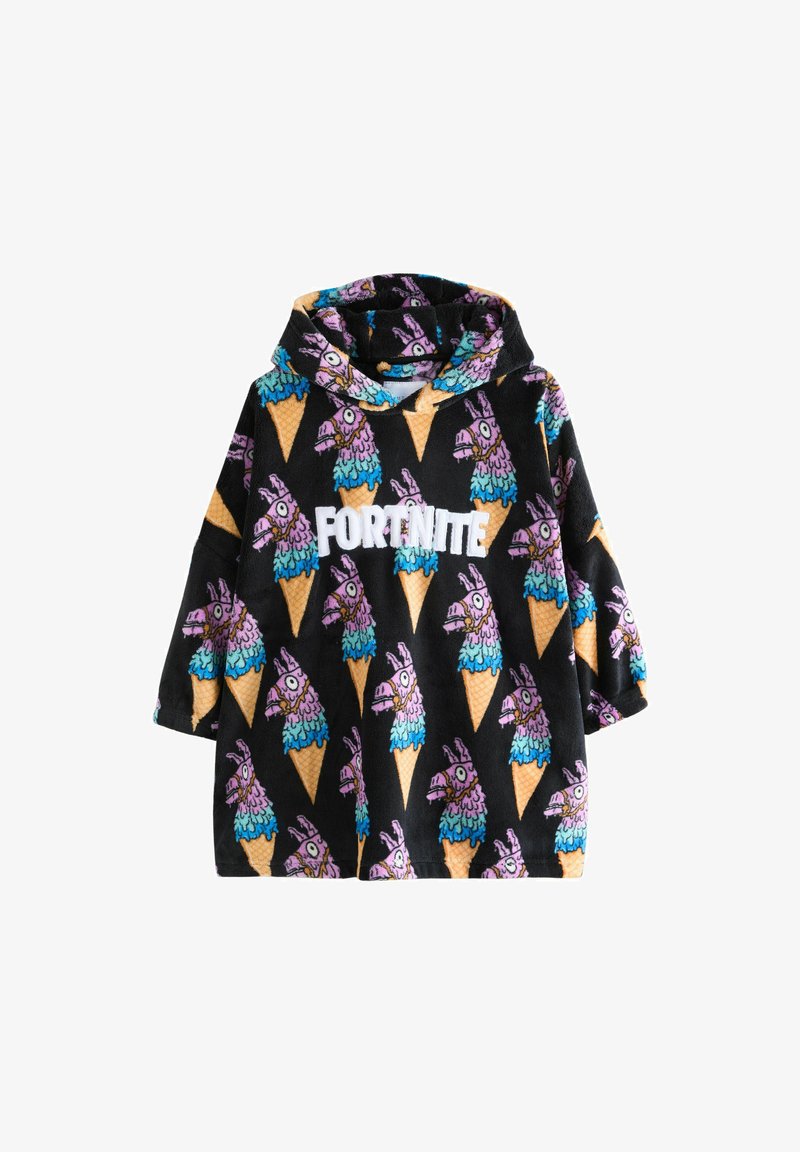 Couverture à capuchon en doux polaire avec un fond noir, ornée d'un motif coloré de lama et de cornet de glace, avec le texte "FORTNITE" en blanc.