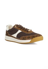 Brown athletic sneaker featuring a textured animal print, white accents, and brown laces. Sturdy sole with a gum rubber tread.