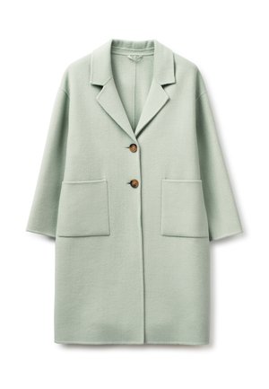 Abrigo verde claro de mezcla de lana con solapas anchas, dos botones marrones, mangas largas y grandes bolsillos delanteros parche.