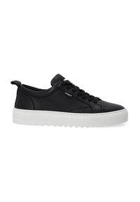 Schwarze Ledersneaker mit strukturierter Oberfläche, weißer Gummisohle, runder Zehenpartie und Schnürdesign mit einem Zugriemen an der Ferse.