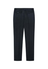 Pantalon sur mesure bleu marine foncé, coupe droite, deux poches arrière avec boutons et une taille sans passants visibles.