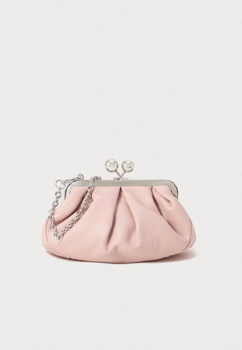 Pink leather clutch bag with a gathered design, metal frame, two round clasps, and a silver chain strap. Smooth texture, compact shape.