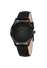Orologio analogico nero con un design minimalista, quadrante nero liscio, cassa elegante e cinturino in pelle nera con cuciture chiare.