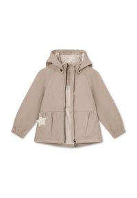 Beige hettegenser med glidelås, elastiske mansjetter og peplumliv. Har en stjernesymbol på venstre side. Myk tekstur.