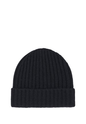 Zwarte gebreide beanie gemaakt van zacht materiaal, met een geribbelde textuur en een opgerolde rand voor een comfortabele pasvorm.