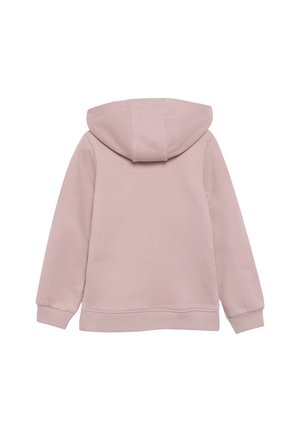Sweat à capuche rose avec une texture douce, manches longues et poignets côtelés. Design simple sans motifs ni accents supplémentaires.
