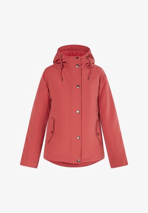 Giacca da esterno rossa con cappuccio, dotata di chiusura con zip e bottoni a pressione, due tasche laterali e cordini sul cappuccio per la regolazione.