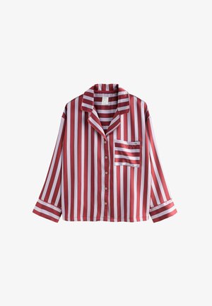Red and white striped long-sleeve shirt with a button front, notch collar, and chest pocket. Made from smooth fabric with a glossy finish.