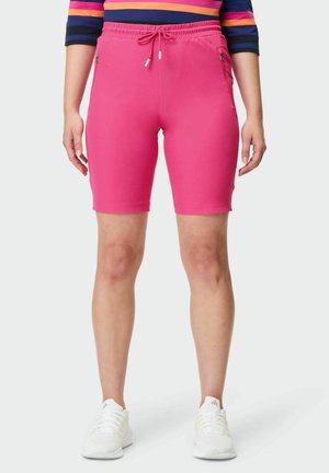 Fitted pink shorts with an elastic waistband and drawstring, featuring side zip pockets. Smooth fabric and knee-length design.