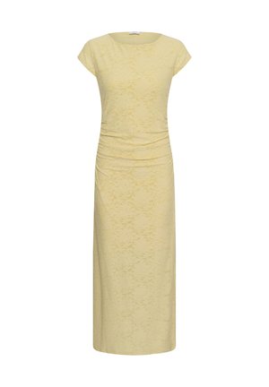 Robe midi jaune à manches courtes avec un subtil motif en dentelle florale et un détail froncé à la taille.