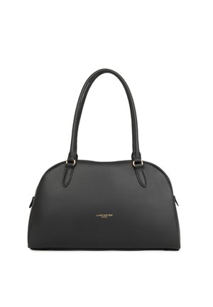 Sac à main en cuir noir avec deux longues anses et le logo doré "Lancaster Paris" à l'avant, présenté sur fond blanc.