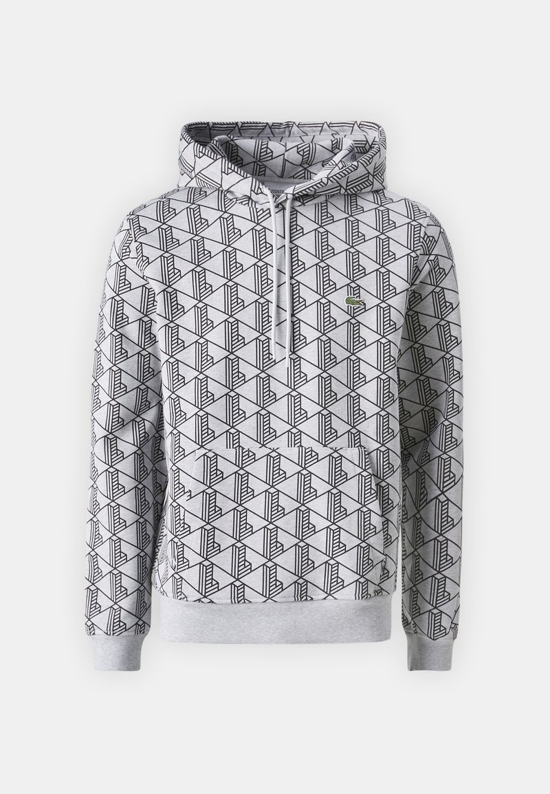 Hellgrau Hoodie mit einem geometrischen schwarzen Muster. Verfügt über eine frontale Tasche und ein Logo-Akzent auf der Brust. Weicher Stoff.