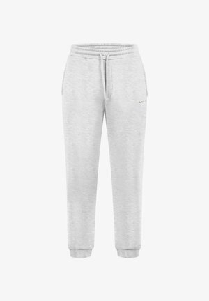 Jasnoszare spodnie dresowe wykonane z miękkiego materiału, z elastycznym pasem ze sznurkiem, zwężanymi nogawkami oraz małym logotypem.
