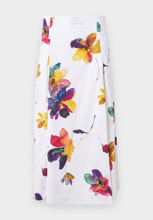 Weißer Blumrock mit farbenfrohen Aquarellblumenmustern in Lila, Gelb und Rot; gefältetes Design mit seitlichen Verschlussdetails.