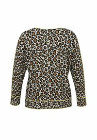 Leopardprint trui met lange mouwen, voorzien van een lichtgele bies langs de halslijn en de zoom. Zachte stof met een ontspannen pasvorm.