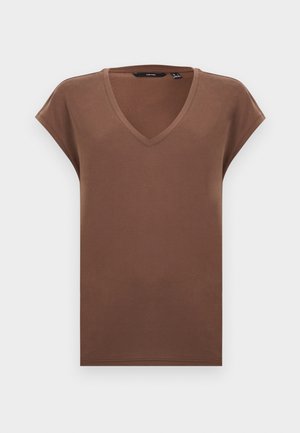 Maglietta marrone a maniche corte con scollo a V e vestibilità comoda, mostrata distesa su uno sfondo bianco.