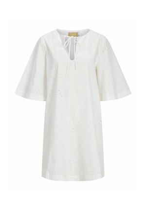 Robe blanche à manches courtes avec broderie florale ajourée, coupe ample, encolure à trou de serrure et détail à nouer à l'avant.