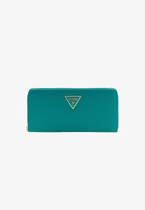 Portafoglio turchese realizzato in materiale sintetico testurizzato, caratterizzato da un logo triangolare dorato e una chiusura con zip. Forma rettangolare con bordi lisci.