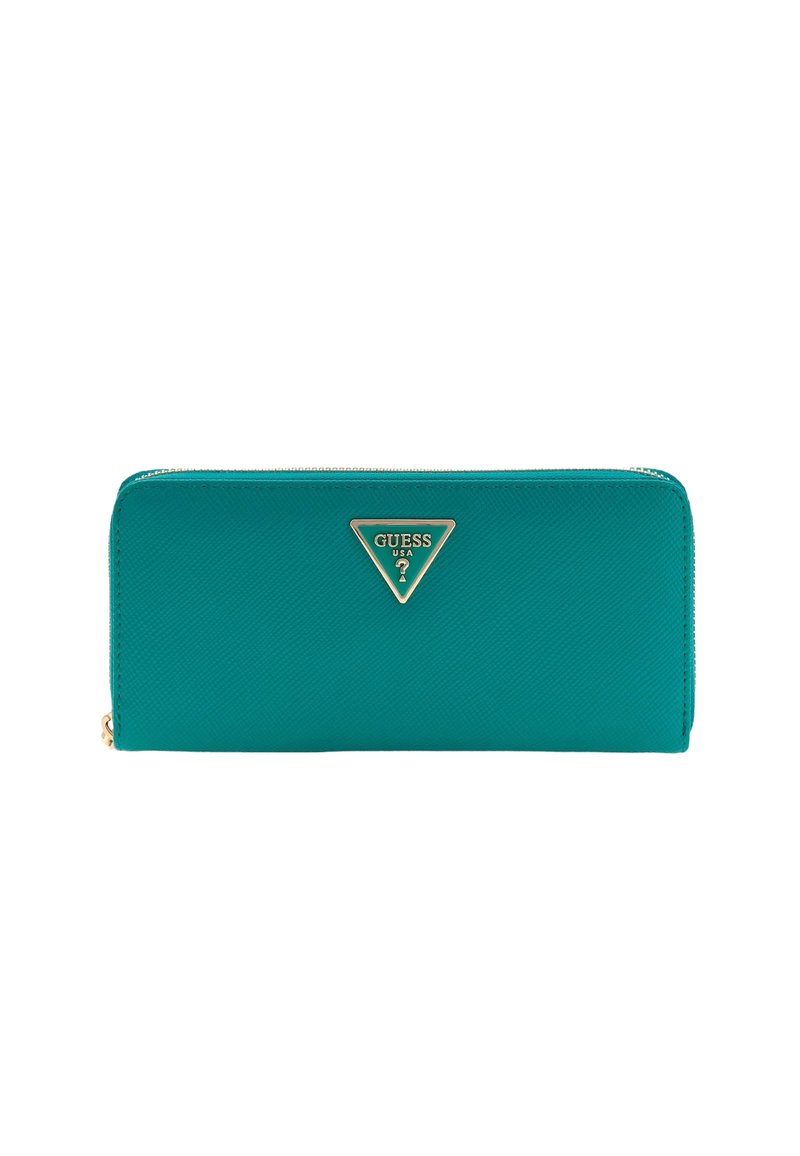 Teal wallet made of textured synthetic material, featuring a gold triangular logo and a zip closure. Rectangular shape with smooth edges.