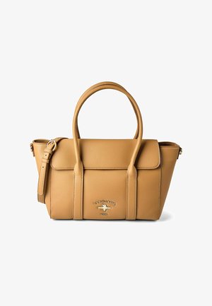 Hellbraune Lederhandtasche mit zwei Griffen, verstellbarem Schultergurt, US Polo Assn. Logo und Klappe vorne.