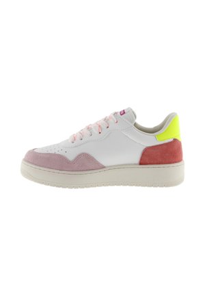 White sneaker with pink and red suede accents, pastel pink laces, a textured rubber sole, and a yellow accent on the heel.