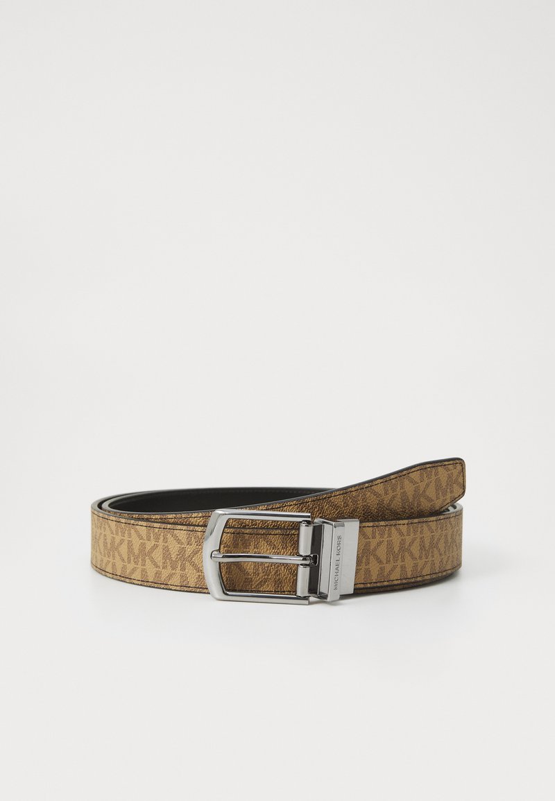 Brown patterned leather belt featuring a silver metal buckle and distinct logo design, textured surface with a smooth interior finish.