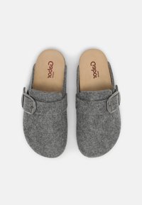 Gray felt clogs with a rounded toe and open back. Features a metal buckle accent and a soft, textured footbed.