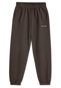 Tumši pelēki sporta bikses ar elastīgu jostu, divām sānu kabatām un sašaurinātiem pēdējiem. Uz kreisā augšstilba ir balts "PEGADOR" logo.