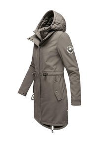 Gray long coat with a quilted hood, adjustable waist drawstring, buttoned pockets, and logo patch on the sleeve, made of a soft material.