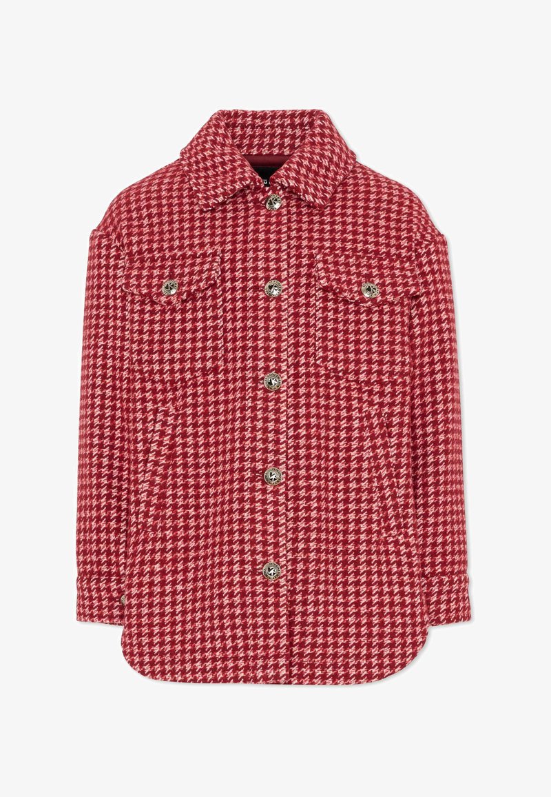 Rood en wit houndstooth-patroon button-up jack met kraag en twee borstzakken met kleppen en knopen.