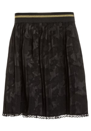 Czarna spódnica z plisowanym wzorem, z kamuflażowym nadrukiem, złotą wstawką w talii i falbaniastym koronkowym wykończeniem u dołu.