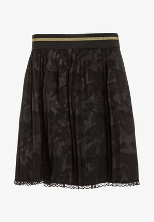 Sort nederdel med plisseret design, der har et camouflage mønster, en guldaccentueret talje samt en bølget blondekant i bunden.