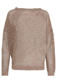 Pull en maille aux fils métalliques dorés et argentés, avec une coupe ample et décontractée, un grand col et des manches longues avec des bords-côtes.