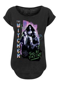Black t-shirt features a graphic design with characters from "The Witcher," highlighted with colorful text and accents reading "Tied By Destiny."