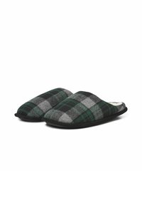 Rutede slippers med en ydre af grøn, grå og sort uld, rund form og blød indvendig foring, suppleret med en sort sål.