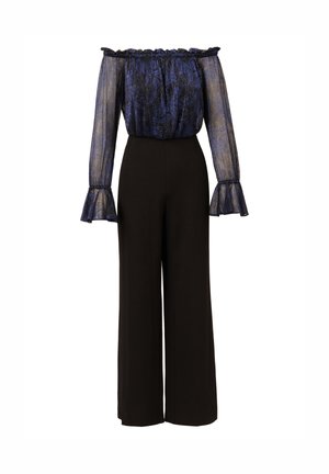 Off-the-shoulder sheer blue blouse with puffed sleeves, paired with high-waisted black wide-leg trousers. Textured fabric adds detail.