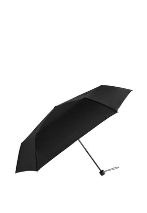Zwarte paraplu met een gestructureerd stoffen koepel en een slank metalen frame. Voorzien van een gebogen handvat en een compact ontwerp voor gemakkelijke draagbaarheid.