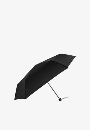 Parapluie noir avec une toile en tissu texturé et un cadre en métal élégant. Présente une poignée incurvée et un design compact pour un transport facile.