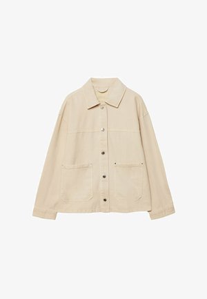 Beige denim jacket with a collared neck, button closure, two front pockets, and visible stitching details. Relaxed fit, long sleeves.