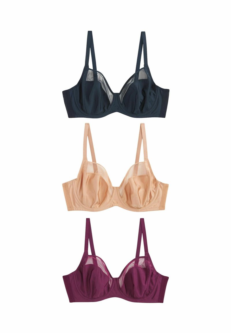 Drie beha's met beugel in zwart, beige en donkerpaars, elk met een doorzichtige mesh-details en verstelbare straps, verticaal weergegeven op een witte achtergrond.