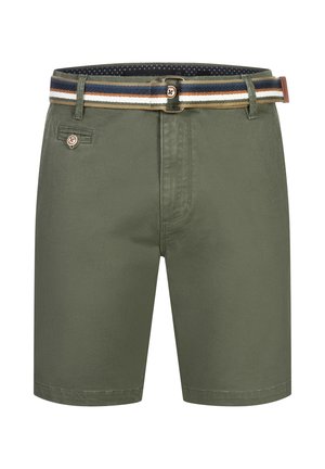 Olijfgroene shorts met een gestructureerd oppervlak, voorzien van een meerkleurige geweven riem en een knoopaccent op de voork pocket.