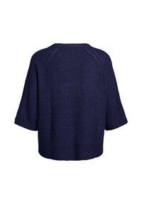 Suéter de punto azul marino con corte holgado, mangas cortas, textura acanalada y detalles decorativos en las costuras de los hombros.